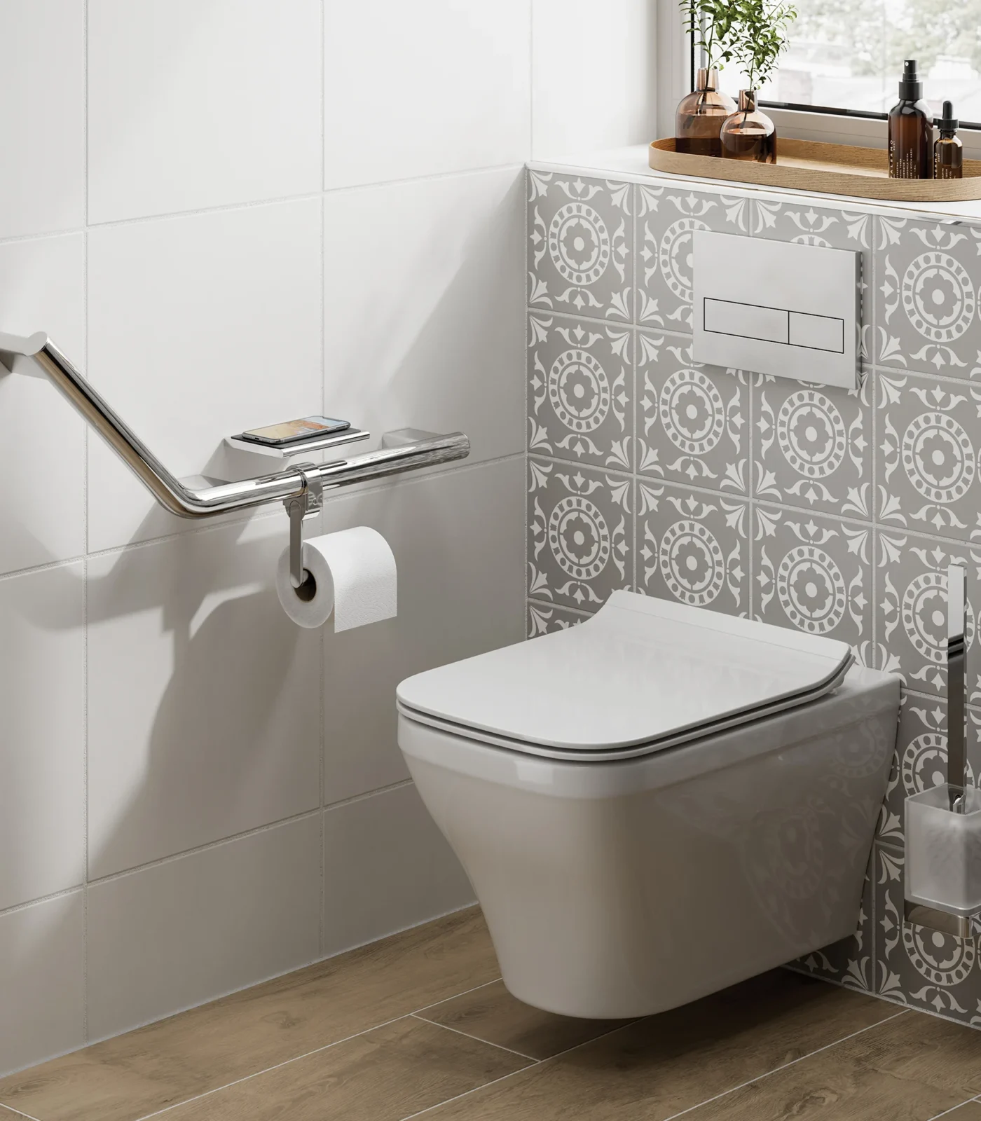 HIB Angled Grab Bar with Toilet Roll Holder and Shelf with Anti-Slip Mat